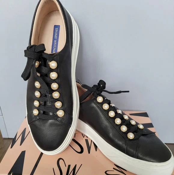 Stuart Weitzman Excelsa Black Leather Faux Pearl Sneakers